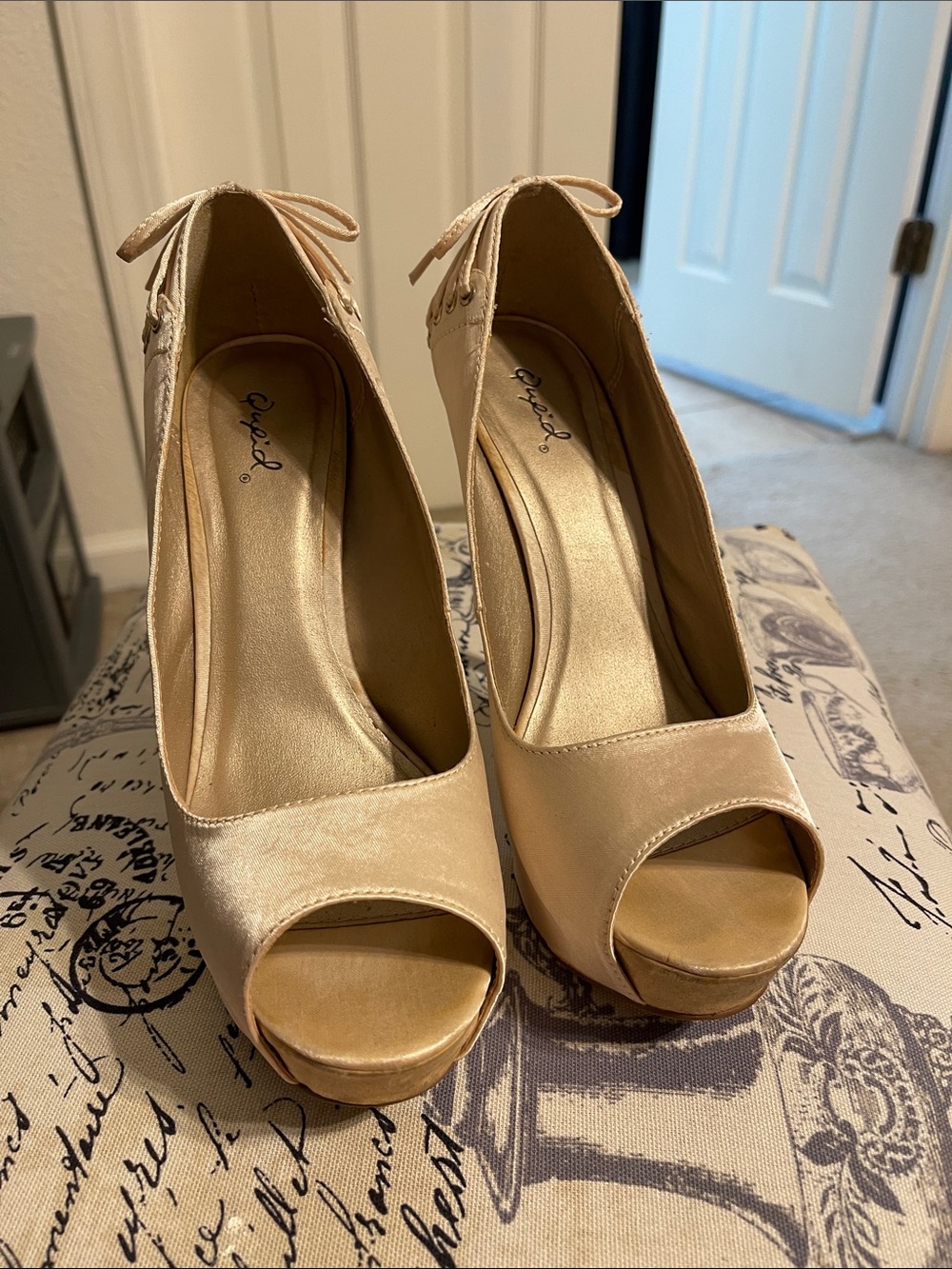 Qupid Champagne Satin Peep Toe Platform Heels with Ankle Tie